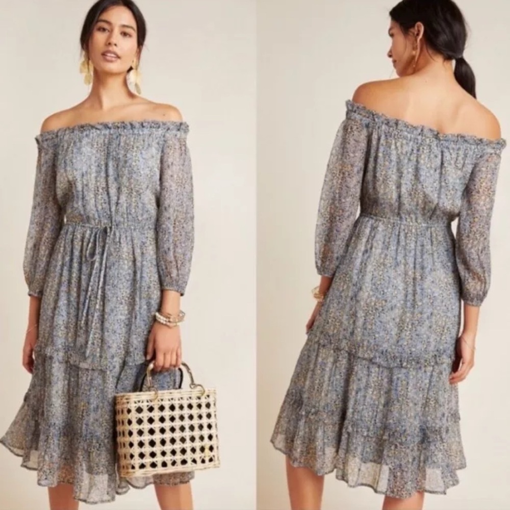 Anthropologie Kira Off Shoulder Blue Peasant Dress Drawstring Waist Size 12